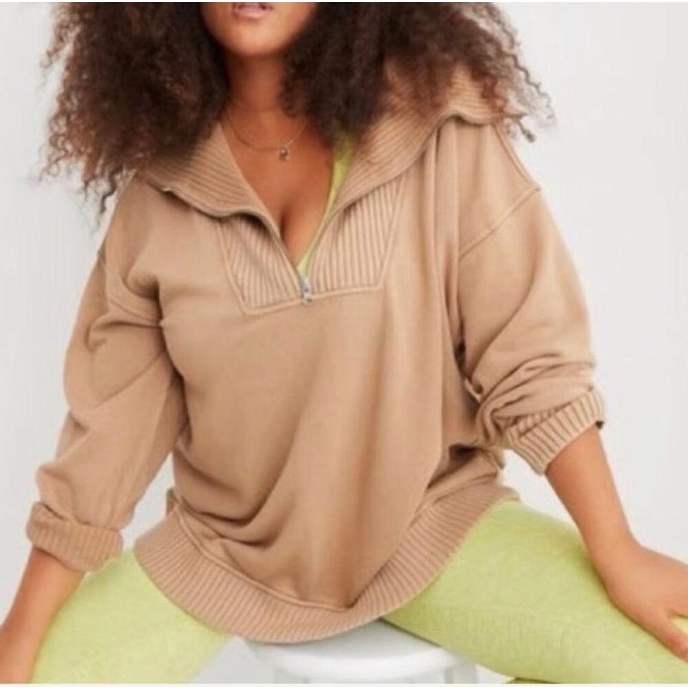 Aerie Oversized Quarter Zip Ribbed Tan Sweatshirt Women's Size S
